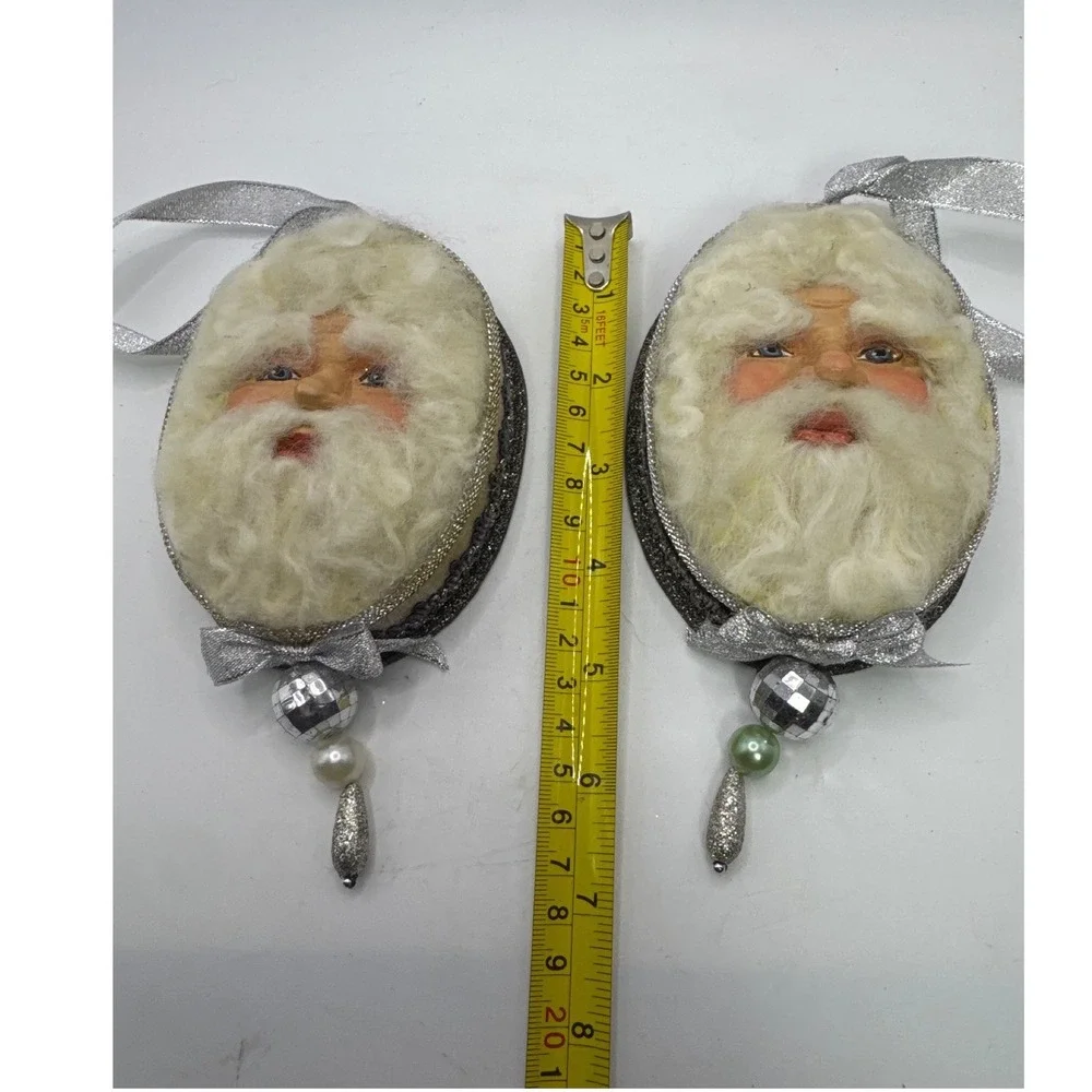 Vintage Santa Claus Head Ornaments‎ Pair Silver Glitter Disco Ball Faux Fur 2pc